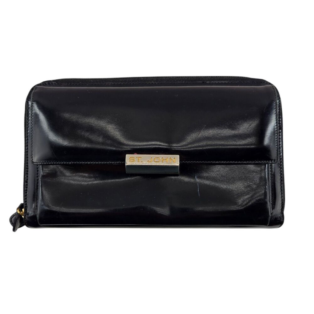 Vintage St John Clutch‎ Purse Wallet Black Patent Leather Gold Tone Logo Italy